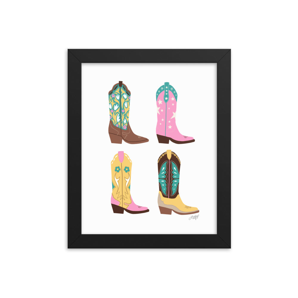Cowgirl Boots Illustration (Pink/Yellow/Turquoise Palette) - Framed Matte Print